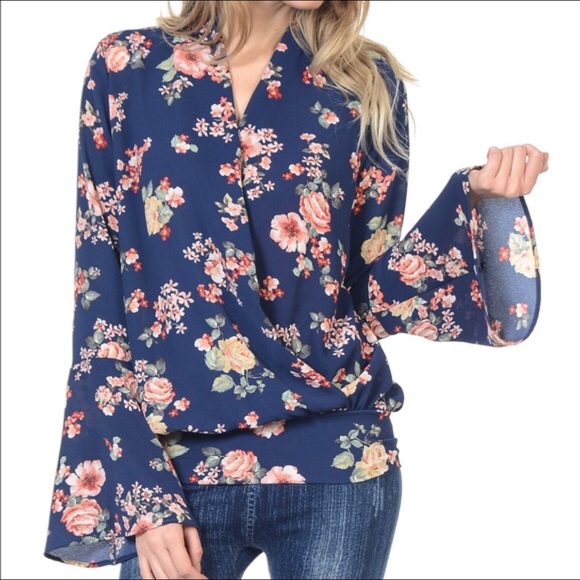 Bellino Clothing Tops - Bellini “Navy Floral Surplice Top”